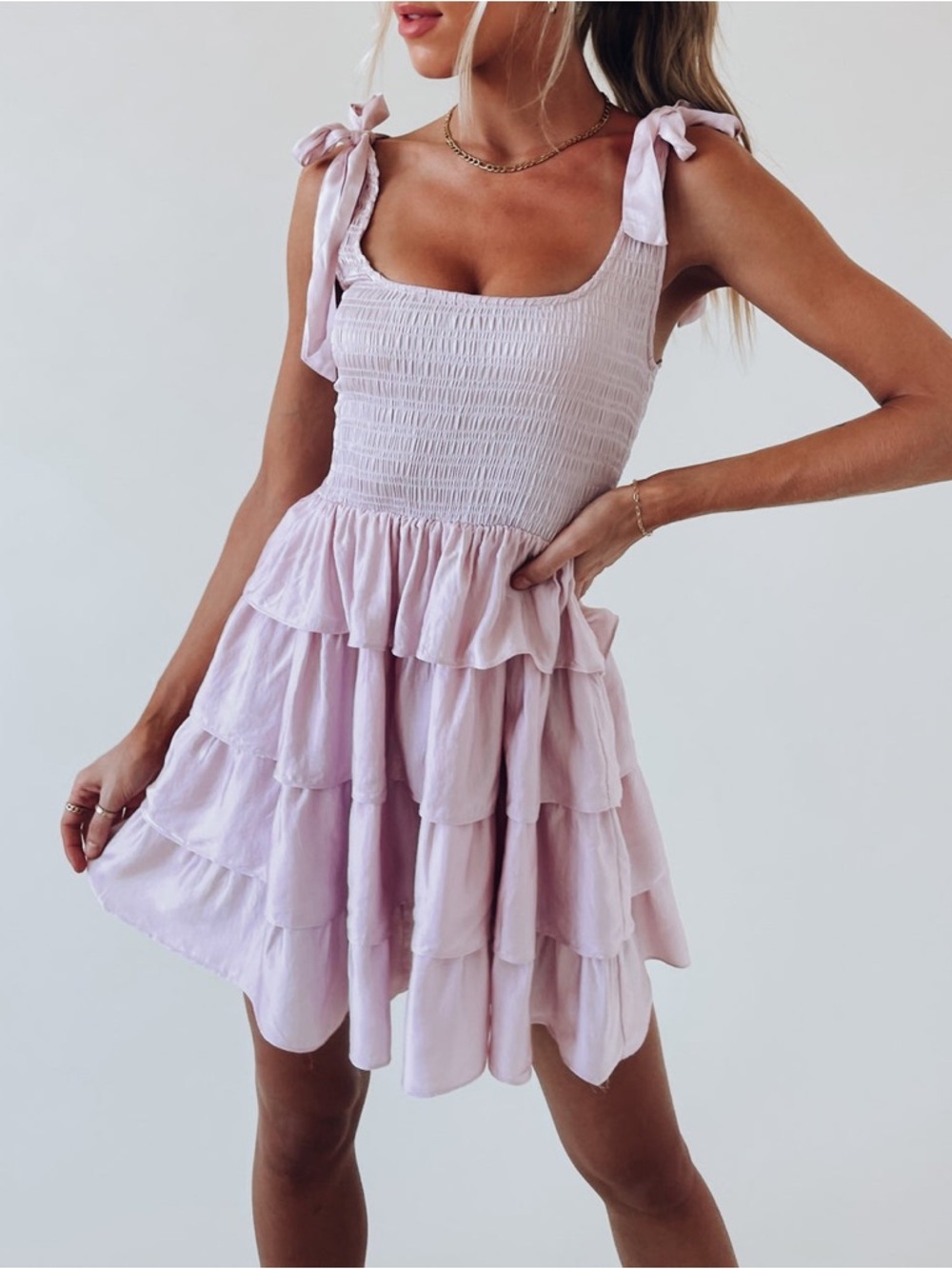 🌸 Olivaceous Smocked Tiered Mini Dress Light Pink Size Large